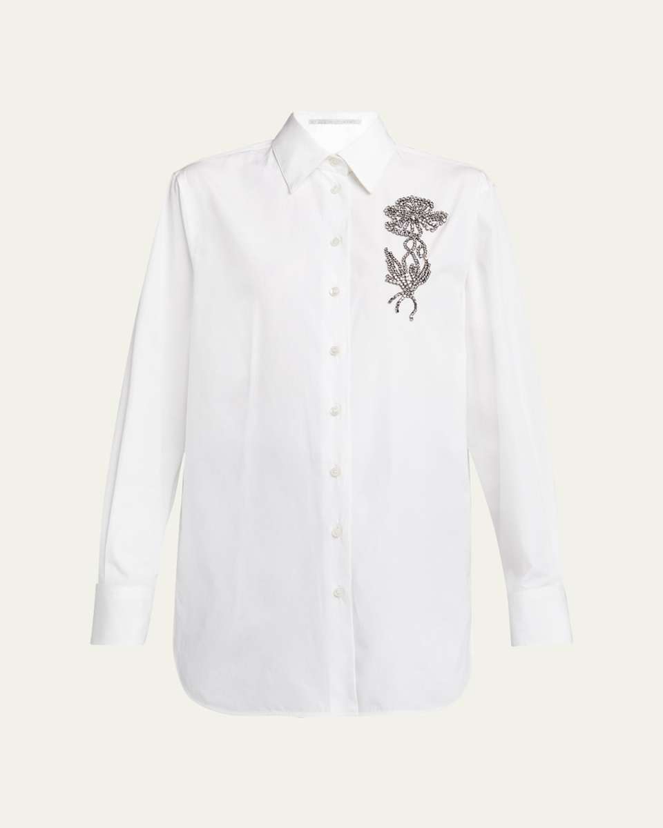 Crystal Floral Embroidered Long-Sleeve Blouse